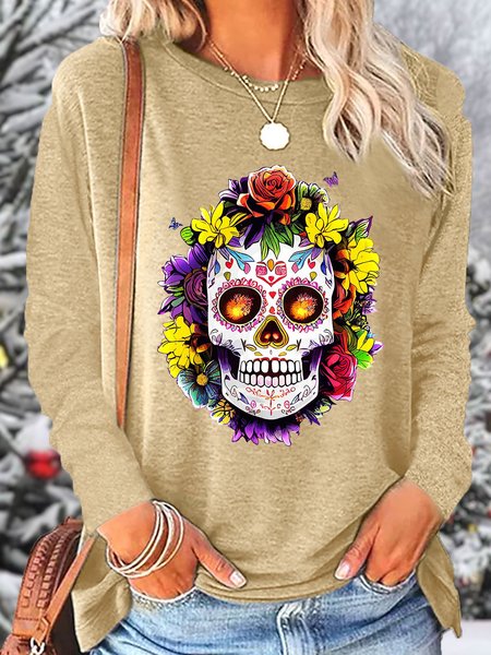 

Women‘s Floral Sugar Skull Day of the Dead Dia De Muertos Print Top, Apricot, Long sleeves
