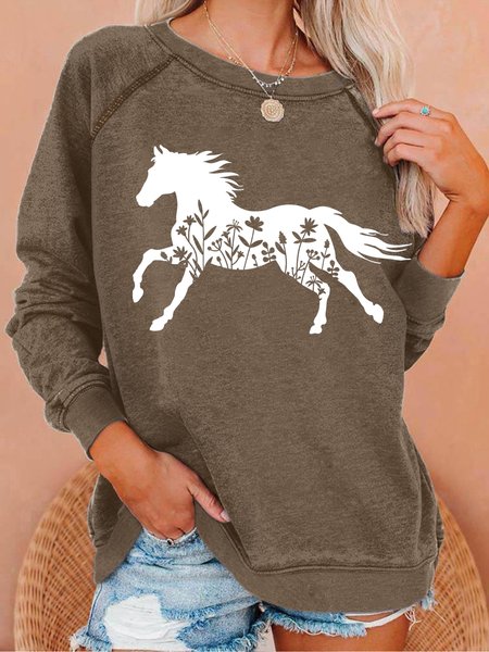 

Women's Floral Horse Simple Crew Neck Loose Sweatshirt, Brown, Hoodies&Sweatshirts