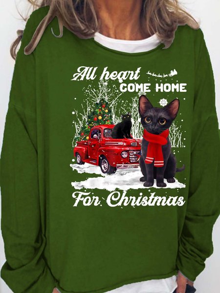 

Women’s All Heart Come Home For Christmas Black Cats Tree Christmas Casual Sweatshirt, Green, Hoodies&Sweatshirts