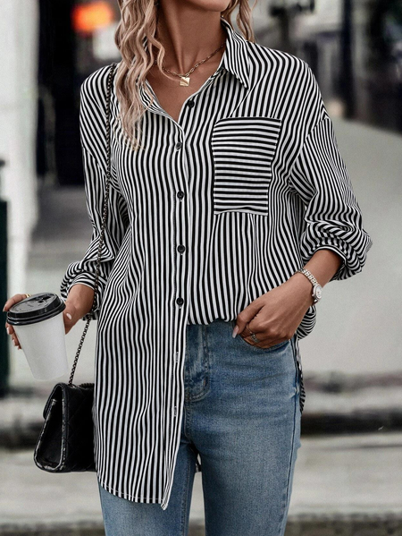 

Casual Striped Print Pocket Patched Shirt, Black, Shirts & Blouses