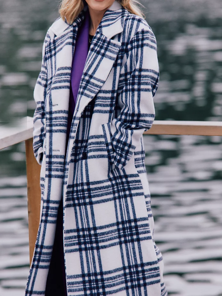 

Lapel Collar Loose Simple Plaid Overcoat, As picture, Coats