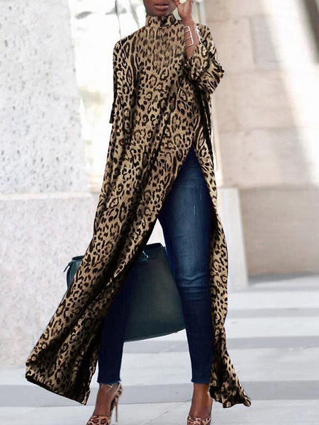 

Micro-Elasticity Urban Stand Collar Loose Leopard Long Top, Blouses and Shirts