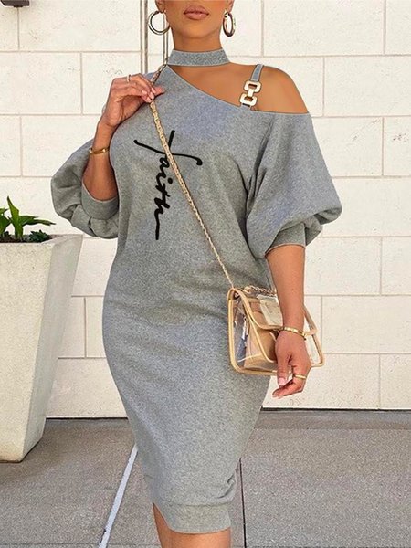 

Abstract Regular Fit Asymmetrical Casual Midi Dress, Gray, Midi Dresses