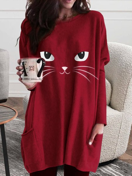 

JFN Crew Neck Casual Loose Long sleeve Cute Cat T-shirt Tunic, Wine red, T-Shirts
