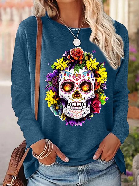 Women‘s Floral Sugar Skull Day of the Dead Dia De Muertos Print Top, Blue, Long sleeves