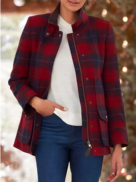 

Plaid Casual Stand Collar Jacket, Red, Jackets