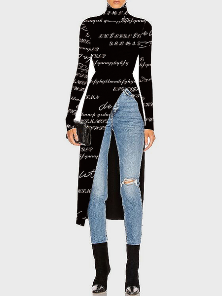 

High Elasticity Turtleneck Long sleeve Tight Urban Text Letters Mid-long Top, Black, Linen Tops
