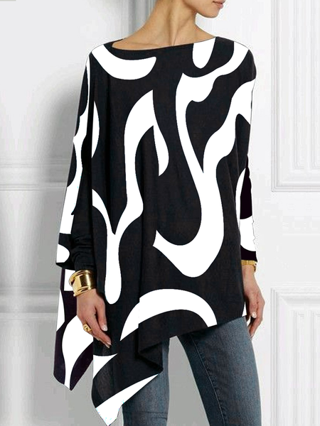 

Crew Neck Long sleeve Urban Loose Geometric Top, Black, Linen Tops