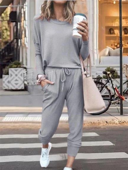 

Casual Crew Neck Cotton-Blend Sport Suits, Gray, Tops