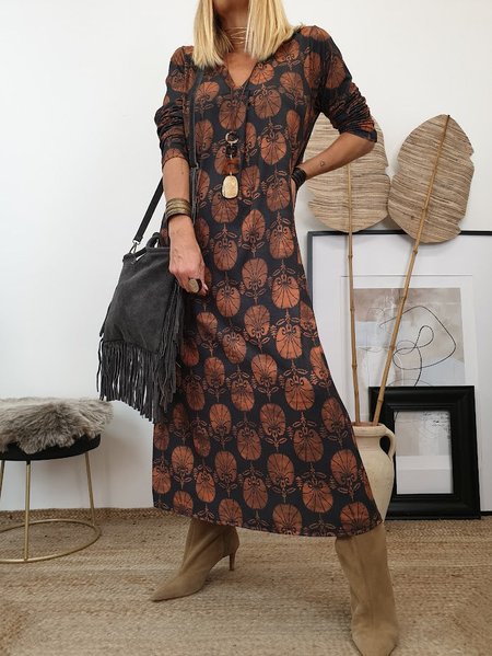 

V Neck Loose Leaf Boho Dress, Multicolor, Dresses