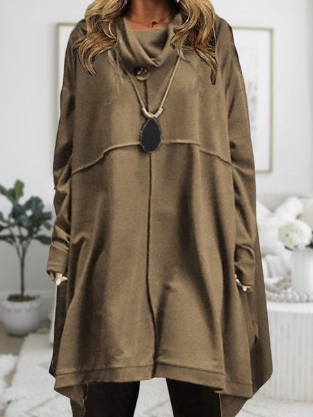 

Casual Turtleneck Cotton-Blend Plain Dress, Brown, Dresses