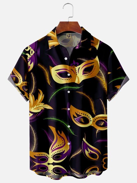 

Carnival Mask Chest Pocket Short Sleeve Shirt, Yellow, Men Shirts