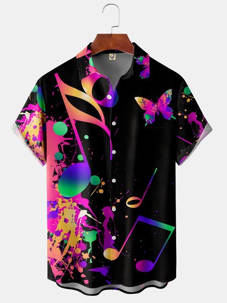 

Music Chest Pocket Short Sleeve Shirt, Black, Men Shirts