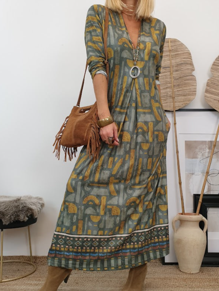 

Regular Fit V Neck Geometric Boho Dress, Multicolor, Maxi Dresses