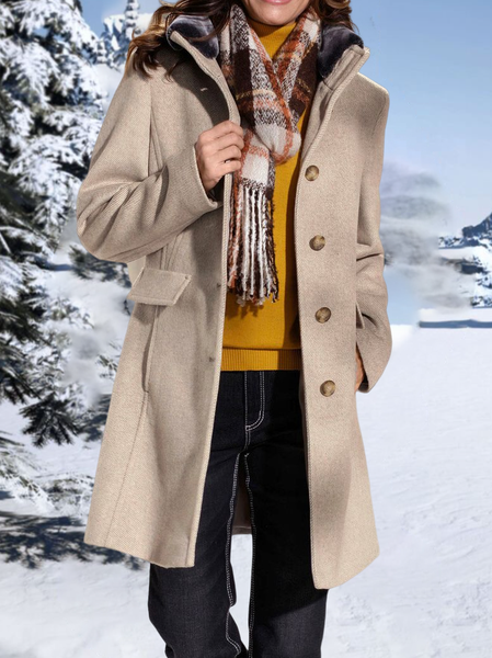 

Plain Stand Collar Urban Regular Fit Overcoat, Light khaki, Coats