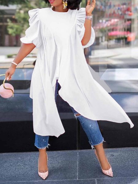 

Half sleeve Crew Neck Plain Loose Elegant Blouse, White, Blouses and Shirts
