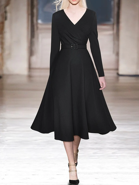 

Regular Fit Plain Elegant V neck Long sleeve Long Dress, Black, Maxi Dresses