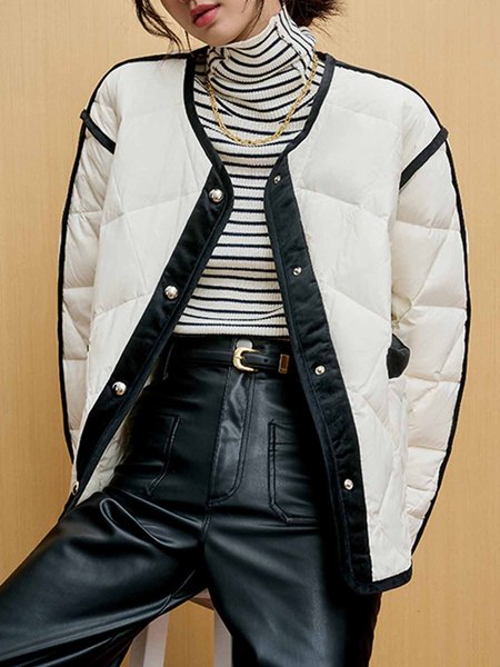 

Elegant Crew Neck Regular Fit Color Block Fleece Coat, White, Others