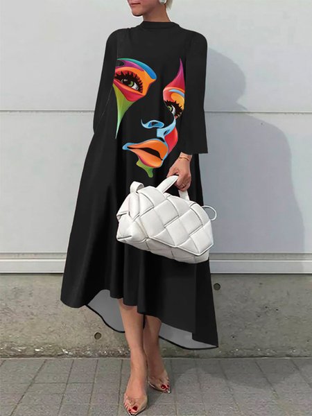 

Loose Abstract Stand Collar Long Sleeve Midi Dress, Black, Midi Dresses