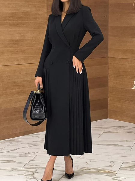 

Urban Regular Fit Plain Long Lapel Collar sleeve Long Dress, Black, Maxi Dresses