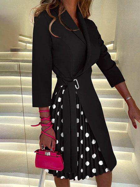 

Polka Dots Elegant Shawl Collar Regular Fit Knee Dress, Black-white, Midi Dresses
