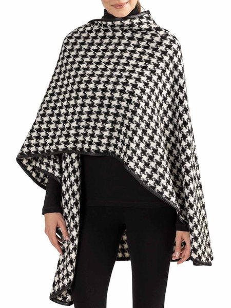 

Long sleeve Elegant Loose Houndstooth V Neck Overcoat, Black, Coats