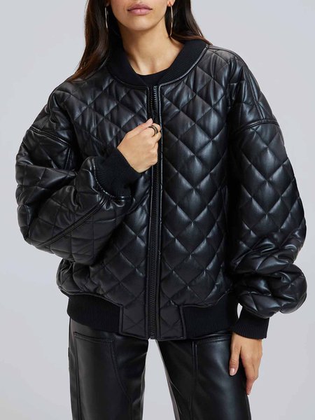 Daily Long sleeve Pu Urban Loose Fleece Coat, Black, Others