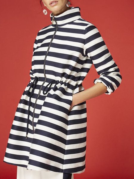 

Urban Striped Turtleneck Long Sleeve Drawstring Jacket, White, Jackets