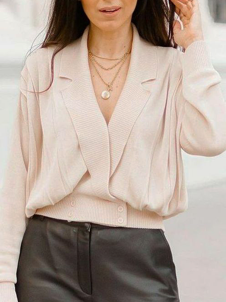 

High Elasticity Loose Lapel Collar Plain UrbanLong sleeve Sweater Coat, Apricot, Cardigans