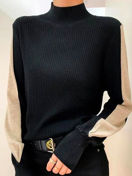 

Stand Collar Color Block Long Sleeve Sweater, Black, Pullovers