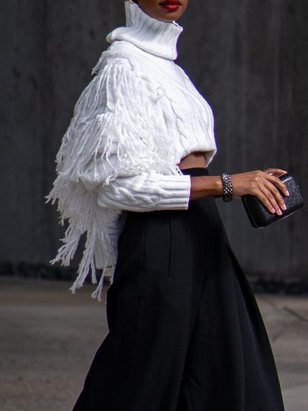 

Urban Turtleneck Plain Long Sleeve Sweater, White, Pullovers