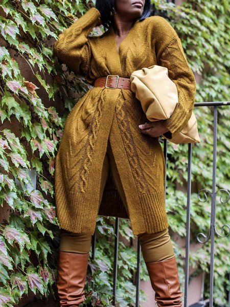 

Daily Long sleeve Plain V Neck Loose Sweater Coat, Yellow, Cardigans