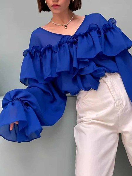 

Long sleeve Elegant Loose V Neck Plain Blouse, Blue, Blouses and Shirts