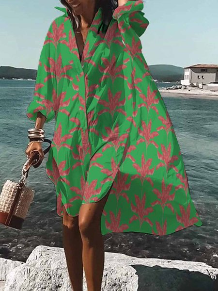 

Long sleeve Midi Shirt Collar Vacation Dress, Green, Midi Dresses