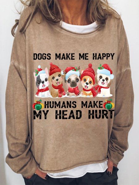 

Women‘s Christmas Dogs Make Me Happy Crew Neck Simple Dog Lover Loose Sweatshirt, Khaki, Hoodies&Sweatshirts