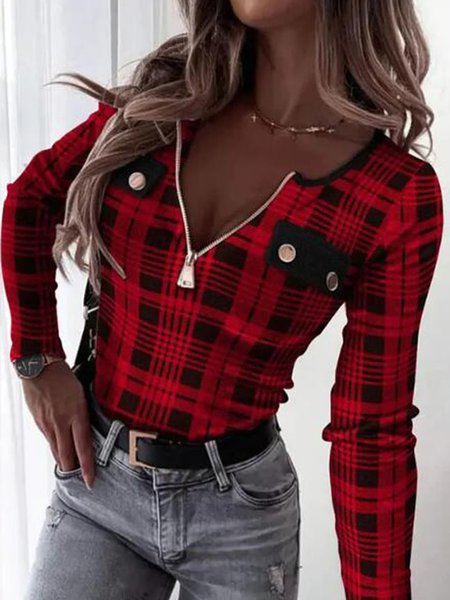 

Party Buttoned Jersey Plaid T-Shirt, Red, T-shirts