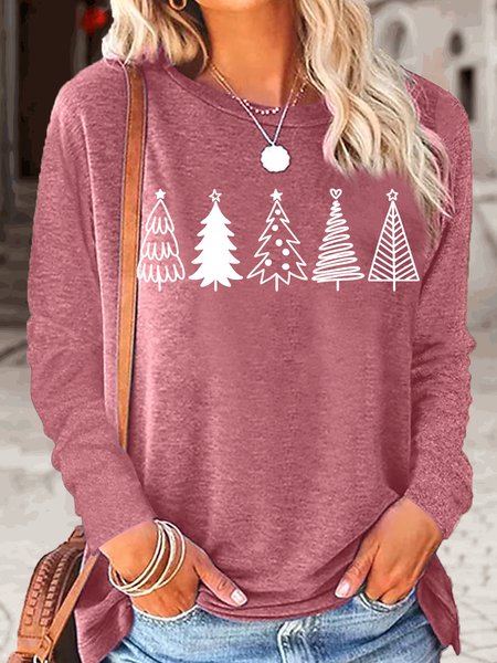 

Women's Christmas Tree Print Crew Neck Casual Top, Rose red, Long sleeves
