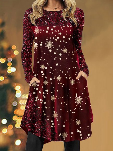 

Snowflake Printed Long-Sleeve Comfortable Women’s Dress, Red, Dresses