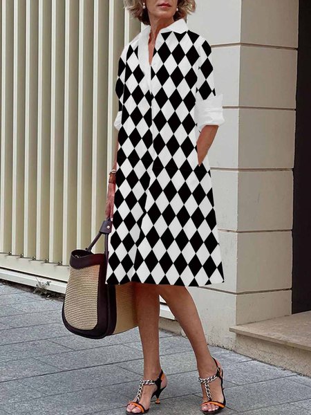 

Long sleeve Geometric Shirt Collar Urban Regular Fit Dress, White, Midi Dresses