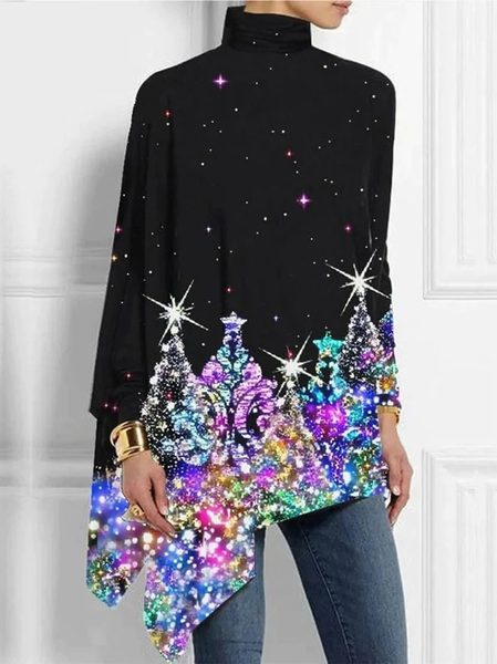 

Christmas Loose Casual Half Turtleneck Top, Black, Tops
