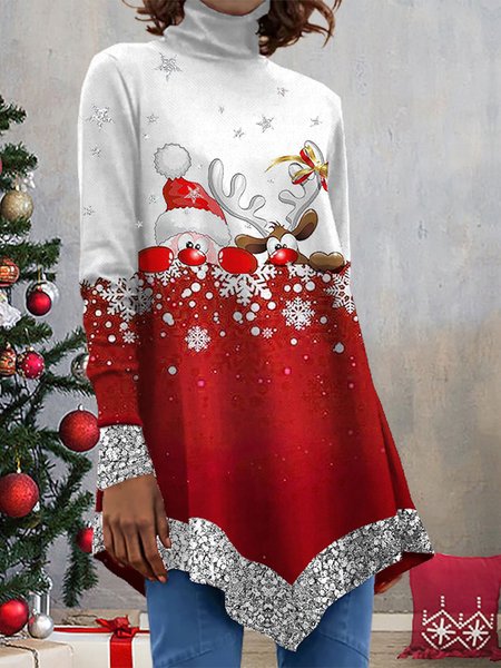

Christmas Loose Color Block Casual Turtleneck Top, Red, Tops