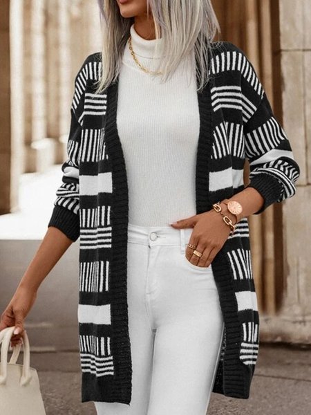 

Striped Pattern Drop Shoulder Duster Cardigan, Black-white, Outerwear