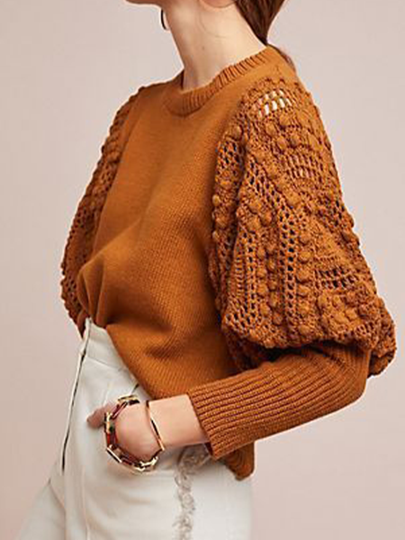 

Elegant Plain Crew Neck Sweater, Brown, Pullovers