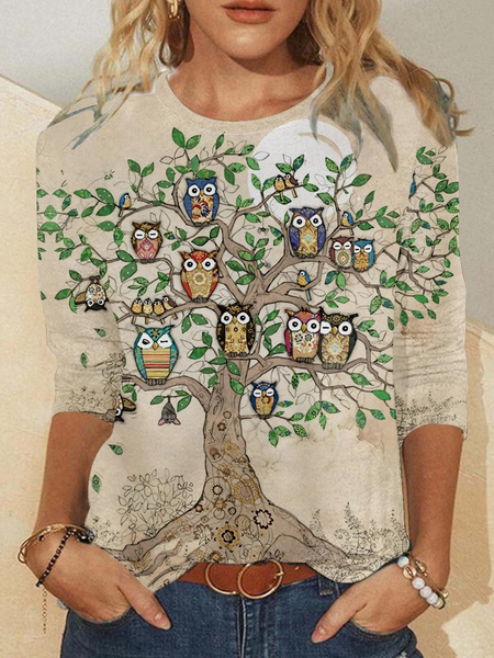 

Women's Funny Owl Tree Print Casual Crew Neck Top, As picture, Long sleeves