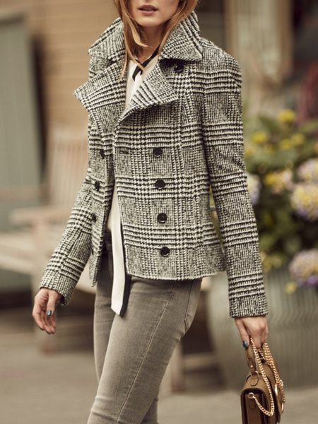

Lapel Collar Urban Plaid Long Sleeve Jacket, Black, Jackets