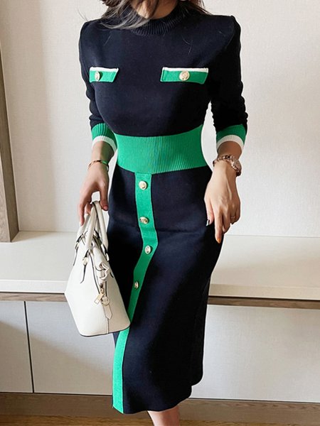 

Tight Crew Neck Elegant Long sleeve Midi Dress, Navyblue, Midi Dresses