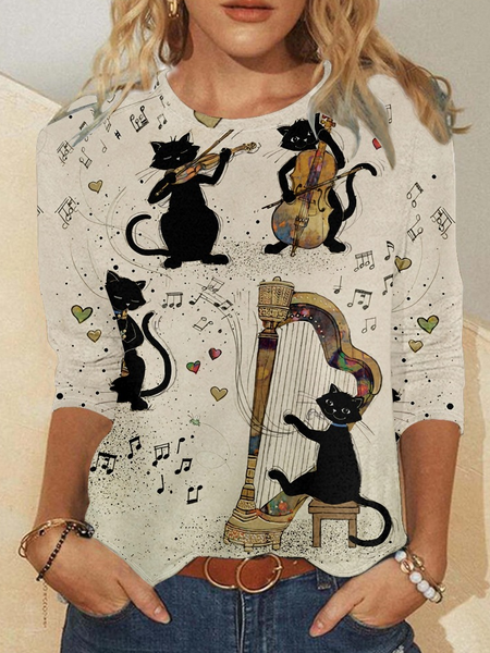 

Womens Funny Black Cat Print Casual Crew Neck Top, As picture, Long sleeves