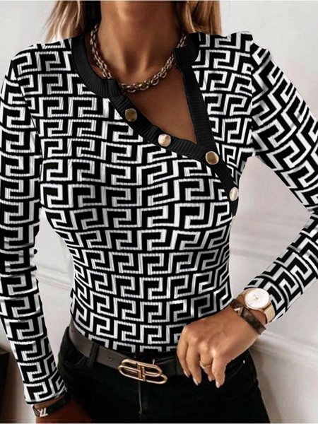 

Asymmetrical Buttoned Casual Top, Black-white, Tops