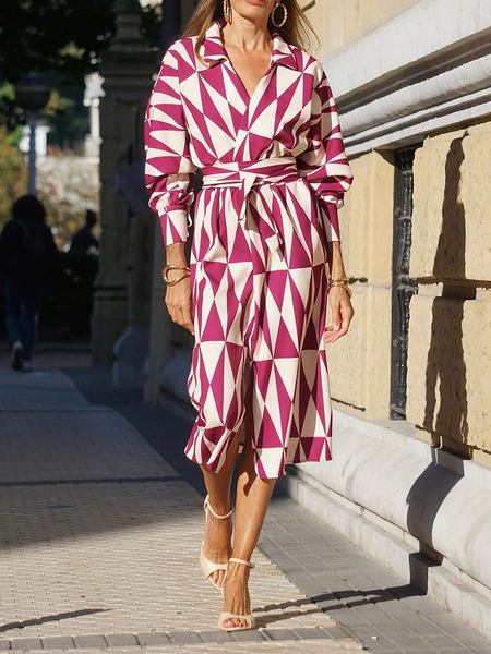 

Loose Urban Geometric Shirt Collar Long sleeve Midi Dress, Rose red, Maxi Dresses