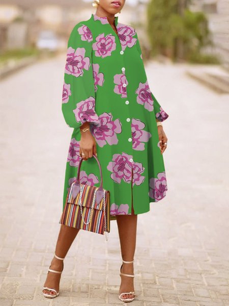 

Long sleeve Stand Collar Elegant Floral Dress, Green, Mini Dresses